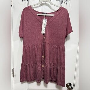 Bloom Chic‎ Relaxed Tiered Tunic Top Burgundy Women’s Size 10 NWT